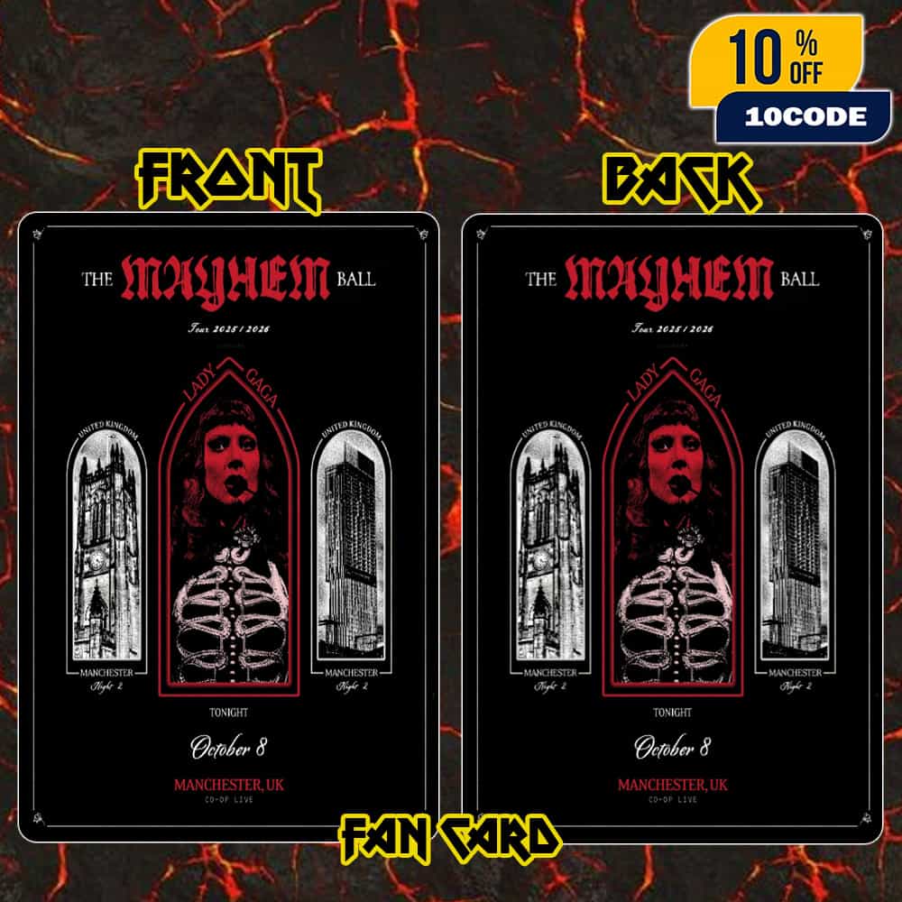 Lady Gaga The Mayhem Ball Tour 2025-2026 At Manchester UKK Co-Op Live Night 2 October 8 2025 Poster Event Fan Card Lady Gaga The Mayhem Ball Tour 2025-2026 At Manchester UKK Co-Op Live Night 2 October 8 2025 Poster Event Fan Card