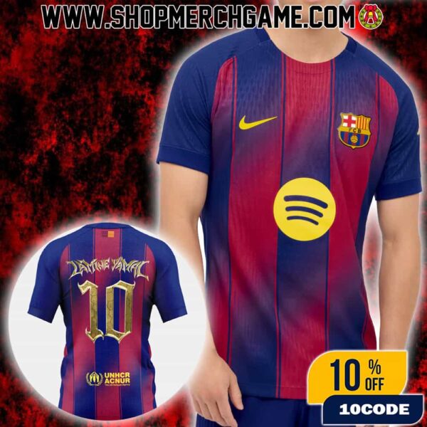 Lamine Yamal Number 10 FC Barcelona Home Jersey 2025-26 Kopa Trophy Edition Golden Finish Spotify Nike Limited Edition Soccer T-Shirt