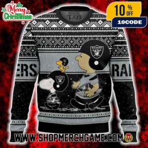 Las Vegas Raiders Peanuts Snoopy Charlie Brown Christmas Knit Ugly Sweater Black Silver Nordic Pattern Holiday Pullover For NFL Fans Men Women