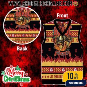 Let There Be Christmas AC/DC Knitted Ugly Sweater Vest Jingle Hells Bells Holiday Gift Gile
