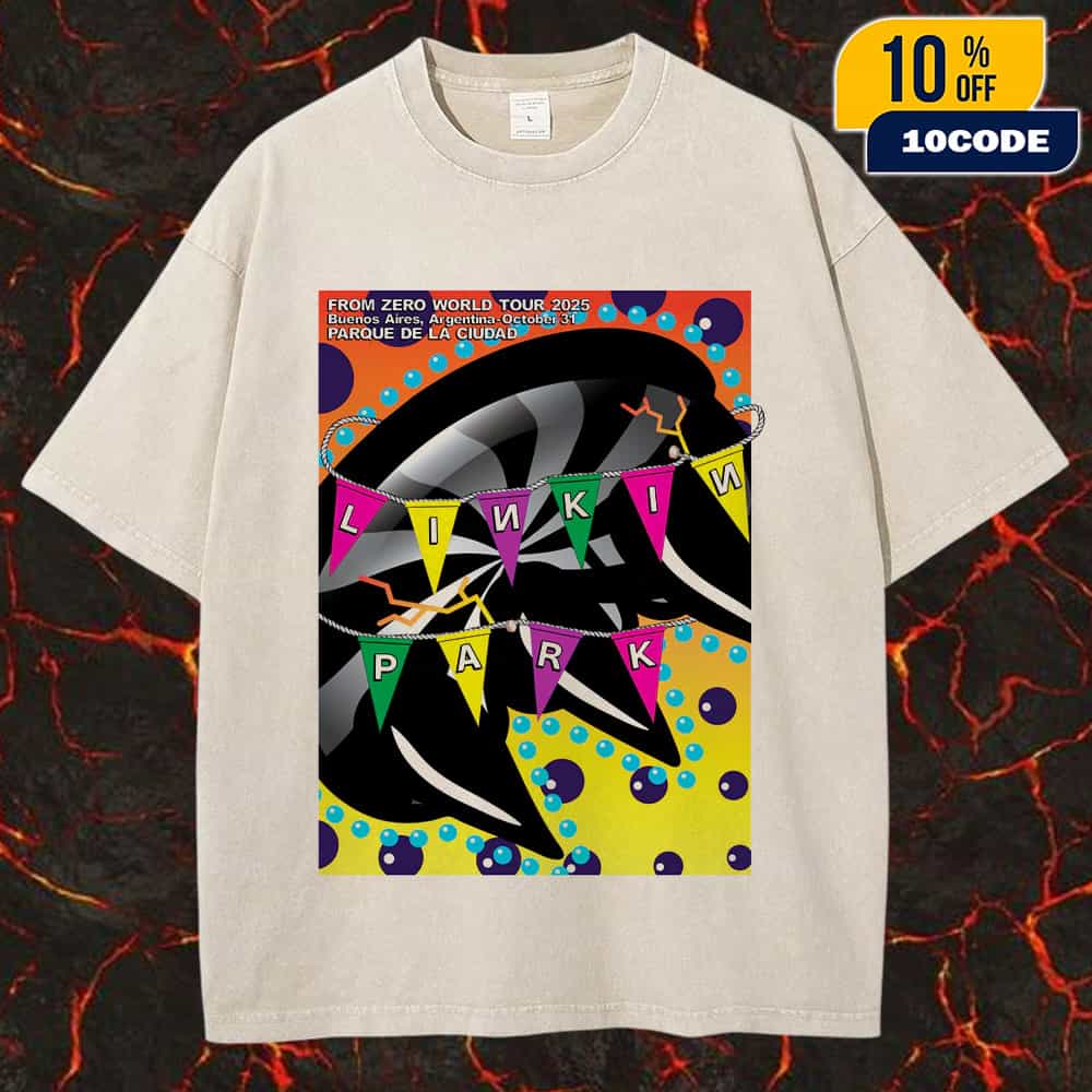 Linkin Park From Zero World Tour Buenos Aires Event Poster October 31st 2025 Artwork By Claudia Claw Money Gold Unisex Washed Tee Linkin Park From Zero World Tour Buenos Aires Event Poster October 31st 2025 Artwork By Claudia Claw Money Gold Unisex Washed Tee
