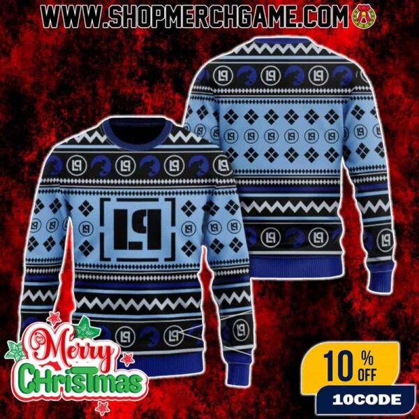 Linkin Park Logo Blue Ugly Christmas Sweater Rock Band Holiday Knit Pullover