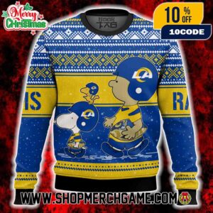 Los Angeles Rams Snoopy Charlie Brown Ugly Christmas Sweater Peanuts NFL Football Holiday Knit With Fair Isle Pattern Snowflakes Winter Festive Gift For Fans