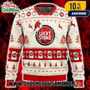 Lucky Strike Cigarettes Ugly Christmas Sweater Vintage Red Circle Logo Santa Hat Christmas Lights Holiday Knit With Reindeer Snowflakes Winter Festive Gift Lucky Strike Cigarettes Ugly Christmas Sweater Vintage Red Circle Logo Santa Hat Christmas Lights Holiday Knit With Reindeer Snowflakes Winter Festive Gift