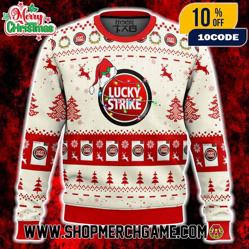 Lucky Strike Cigarettes Ugly Christmas Sweater Vintage Red Circle Logo Santa Hat Christmas Lights Holiday Knit With Reindeer Snowflakes Winter Festive Gift Lucky Strike Cigarettes Ugly Christmas Sweater Vintage Red Circle Logo Santa Hat Christmas Lights Holiday Knit With Reindeer Snowflakes Winter Festive Gift