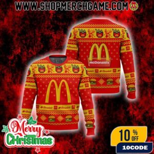 McDonald’s Ugly Christmas Sweater Red And Yellow Knit Pattern Holiday Pullover With Golden Arches Hamburger And French Fries Design