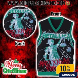 Metallica And Justice For All Lady Justice Ugly Sweater Gile Vest Sleeveless Christmas Holiday Knit Two Sides Design Teal Green Black Heavy Metal Band Festive Party Wear Gift