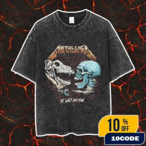 Metallica Of Wolf And Man Skulls Song Artwork Collaboration By Mark Kowalchuk And Puis Calzada Inspired Black Album 1991 Vintage Washed Unisex T-Shirt