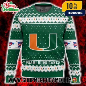 Miami Hurricanes Ugly Christmas Sweater NCAA ACC Split U Logo Green Orange Fair Isle Knit Pattern Holiday Winter Gift University Of Miami Miami Hurricanes Ugly Christmas Sweater NCAA ACC Split U Logo Green Orange Fair Isle Knit Pattern Holiday Winter Gift University Of Miami