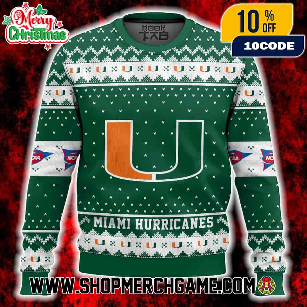 Miami Hurricanes Ugly Christmas Sweater NCAA ACC Split U Logo Green Orange Fair Isle Knit Pattern Holiday Winter Gift University Of Miami Miami Hurricanes Ugly Christmas Sweater NCAA ACC Split U Logo Green Orange Fair Isle Knit Pattern Holiday Winter Gift University Of Miami