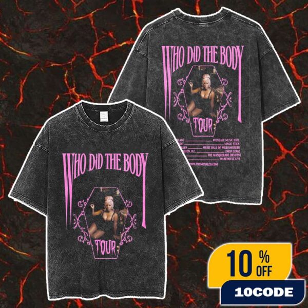 Monaleo Who Did The Body Tour December 2025 Poster Tour Dates Gothic Coffin Pink Black Six Cities Concert Merch Unisex Two Sided Washed T-Shirt
