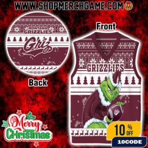 NCAA Montana Grizzlies Grinch Ugly Sweater Gile Vest Sleeveless Christmas Knit Fair Isle Pattern Maroon White Green Trees Football Holiday Party Wear Gift For Griz Fans Xmas