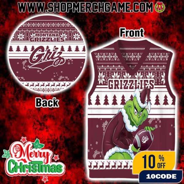 NCAA Montana Grizzlies Grinch Ugly Sweater Gile Vest Sleeveless Christmas Knit Fair Isle Pattern Maroon White Green Trees Football Holiday Party Wear Gift For Griz Fans Xmas