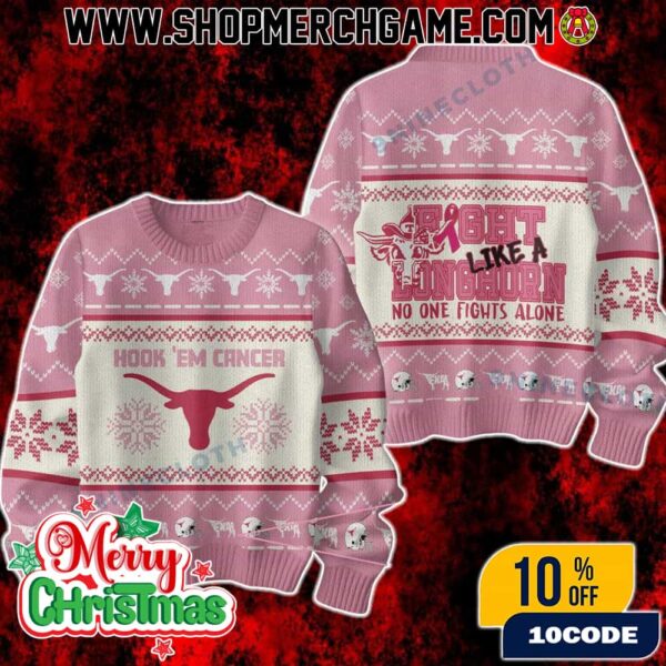 NCAA Texas Longhorns Fight Like A Longhorn Breast Cancer Awareness Ugly Christmas Sweater