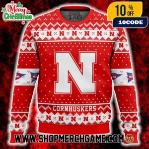 Nebraska Cornhuskers NCAA Ugly Christmas Sweater Red Fair Isle Knit Crewneck Pullover Big N Logo Holiday Gift Unisex
