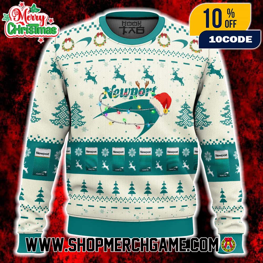 Newport Cigarettes Ugly Christmas Sweater Vintage Menthol Brand Teal Spinnaker Logo Santa Hat Christmas Lights Holiday Knit With Reindeer Snowflakes Winter Festive Gift Newport Cigarettes Ugly Christmas Sweater Vintage Menthol Brand Teal Spinnaker Logo Santa Hat Christmas Lights Holiday Knit With Reindeer Snowflakes Winter Festive Gift