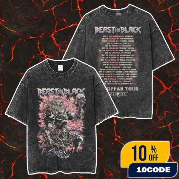 Official Beast In Black New Merch Arrivals European Tour 2025 Tour Dates Backprint Merch Unisex Two Sided Washed T-Shirt