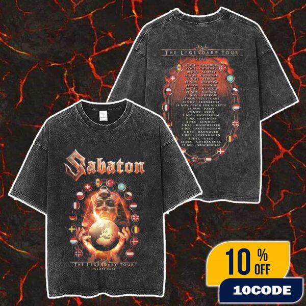 Official Sabaton Pharaoh Sphinx Artwork The Legendary Tour Europe 2025 With Tour Dates Merch Unisex Two Sided Washed T-Shirt