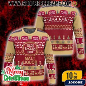 Olde English 800 Malt Liquor Ugly Christmas Sweater Beer Brand Design Holiday Knitted Pullover Fair Isle Pattern Reindeer Snowflake Winter Apparel Gift For Beer Lover