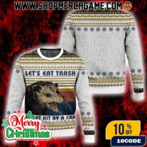 Opossum Ugly Christmas Sweater Let’s Eat Trash Get Hit By A Car Design Holiday Knitted Pullover Fair Isle Pattern Funny Animal Winter Apparel Gift For Opossum Lovers