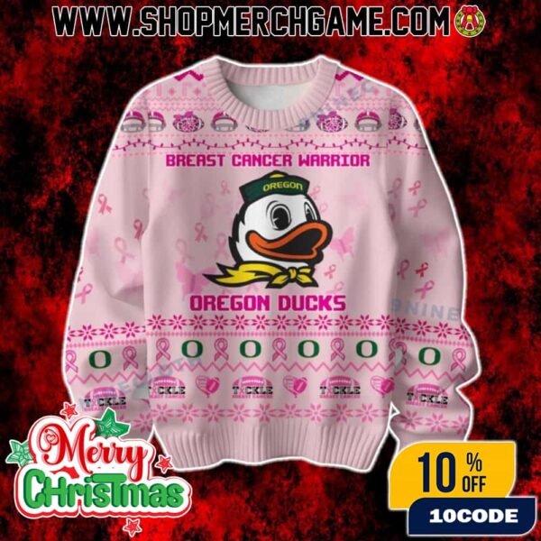 Oregon Ducks Breast Cancer Warrior Ugly Christmas Sweater Pink Ribbon Holiday Knit Pullover