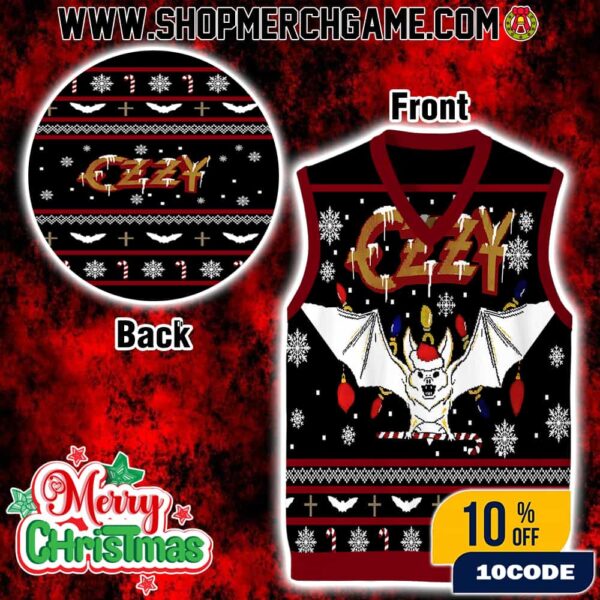 Ozzy Osbourne Inspired Black Red Gold Bat Wings Knitted Vest Fair Isle Christmas Holiday Ugly Sweater Gile Metal Music Fan Gif