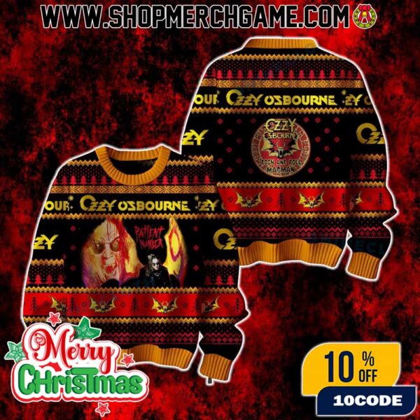Ozzy Osbourne Patient Number 9 Ugly Christmas Sweater Rock And Roll Madman Holiday Knit Pullover