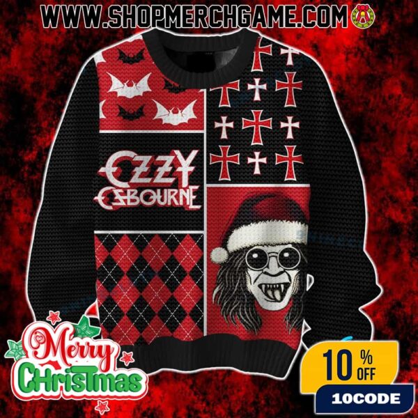 Ozzy Osbourne Ugly Christmas Sweater Rock Singer Holiday Knit Pullover With Gothic Cross And Santa Design