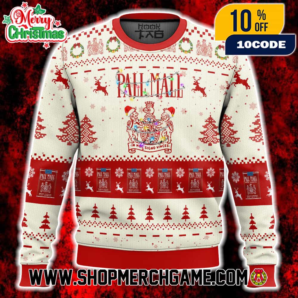 Pall Mall Cigarettes Ugly Christmas Sweater In Hoc Signo Vinces Coat Of Arms Vintage Brand Holiday Knit With Reindeer Snowflakes Winter Festive Gift Pall Mall Cigarettes Ugly Christmas Sweater In Hoc Signo Vinces Coat Of Arms Vintage Brand Holiday Knit With Reindeer Snowflakes Winter Festive Gift