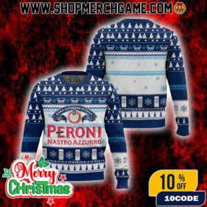 Peroni Nastro Azzurro Ugly Christmas Sweater 2025 Birra Superiore D’Italia Dal 1846 Navy Blue White Knitted Pullover Fair Isle Pattern Beer Bottle Graphics Holiday Gift For Italian Beer Lovers