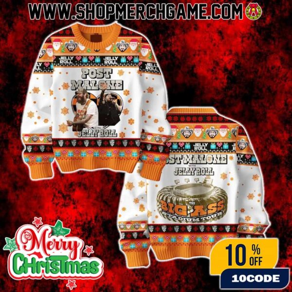 Post Malone With Jelly Roll Ugly Christmas Sweater The Big As Stadium Tour Holiday Knit Pullover