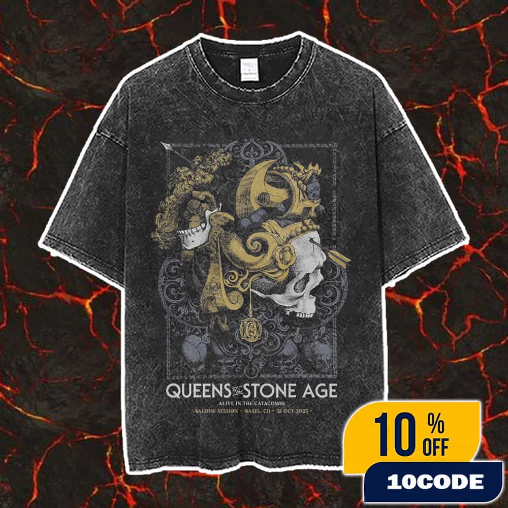 Queens Of The Stone Age Alive In The Catacombs Tour On 21 October 2025 At Baloise Session Basel CH Poster Event Artwork By Rodolfo Jofre Saavedra Washed T-Shirt Queens Of The Stone Age Alive In The Catacombs Tour On 21 October 2025 At Baloise Session Basel CH Poster Event Artwork By Rodolfo Jofre Saavedra Washed T-Shirt