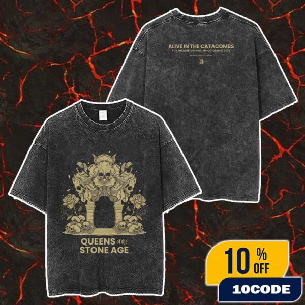 Queens Of The Stone Age Detroit Event Poster On October 3 2025 At Fox Theatre Detroit With Paris Jackson The Catacombs Tour Merch Unisex Two Sided Washed T-Shirt