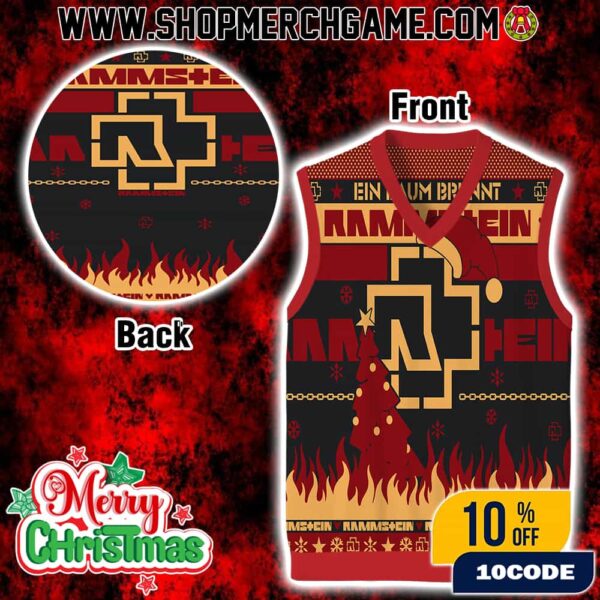 Rammstein Ein Hummer Brennt Ugly Christmas Sweater Vest Knitted Gile Red Gold Black With Fire Flames Fair Isle Pattern Industrial Metal Holiday Gift