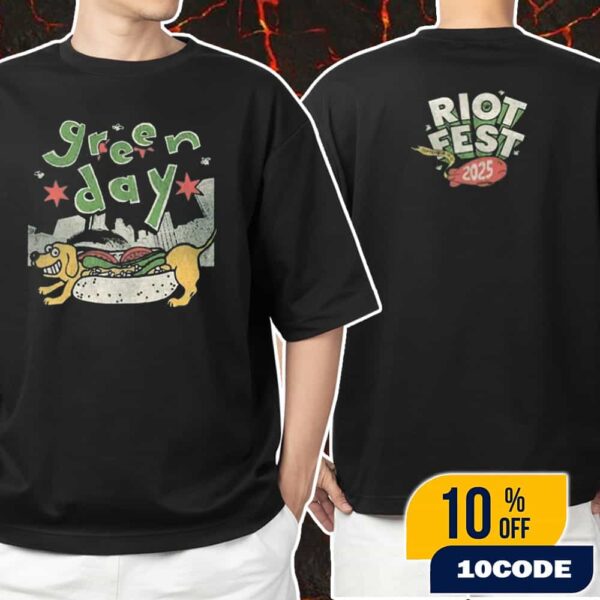 Riot Fest 2025 At Douglass Park North Lawndale Chicago On September 19-21 2025 Merch Anniversary Green Day The Saviors Tour Dachshund Sandwich Artwork By Juan Pilar Unisex T-Shirt