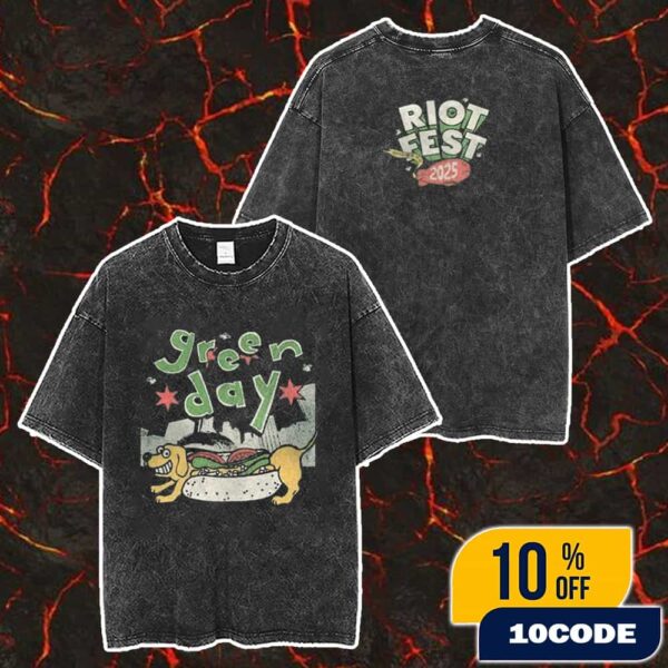 Riot Fest 2025 At Douglass Park North Lawndale Chicago On September 19-21 2025 Merch Anniversary Green Day The Saviors Tour Dachshund Sandwich Artwork By Juan Pilar Washed T-Shirt