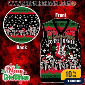 Rock N Roll Holiday Knit Vest Ugly Sweater Welcome To The Jingle Fender Christmas Skull Skeleton Guitar Heavy Metal Punk Rock Merch Gift