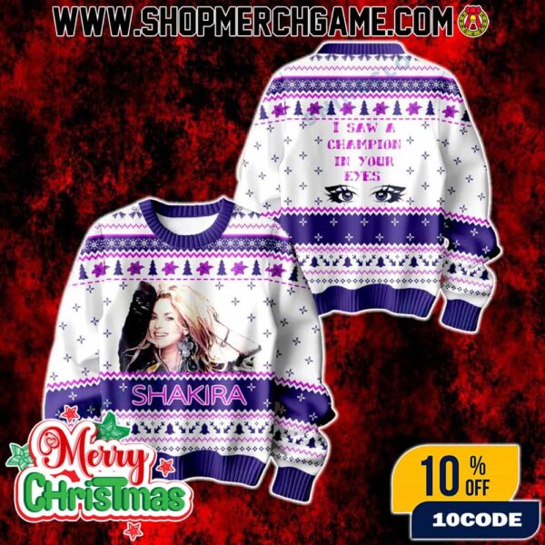 Shakira I Saw A Champion In Your Eyes Ugly Christmas Sweater Holiday Knit Pullover Fan Gift