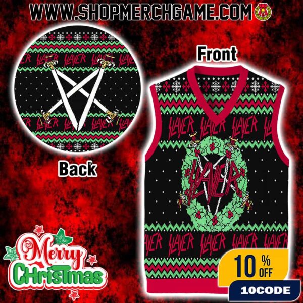Slayer Ugly Christmas Sweater Vest With Pentagram Logo Fair Isle Knit Pattern Black Red Green Heavy Metal Holiday Apparel For Thrash Music Fans Sleeveless Knitted Gile Gift
