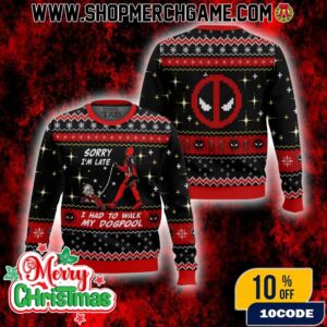 Sorry I’m Late I Had To Walk My Dogpool Deadpool Ugly Christmas Sweater Black Red Knitted Pullover Fair Isle Pattern Marvel Holiday Gift For Comic Fans Men Women
