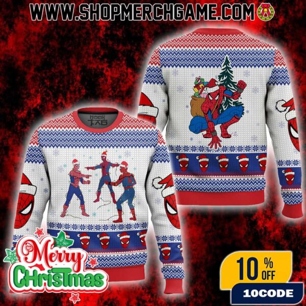 Spider-Man Pointing Meme Ugly Christmas Sweater Three Spidey Design Holiday Knitted Pullover Fair Isle Pattern Santa Claus Web Marvel Superhero Winter Apparel Gift For Comic Fans