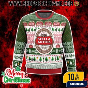 Stella Artois Premium Lager Beer Ugly Christmas Sweater With Christmas Trees And Snowflakes Knitted Holiday Pullover For Beer Lovers