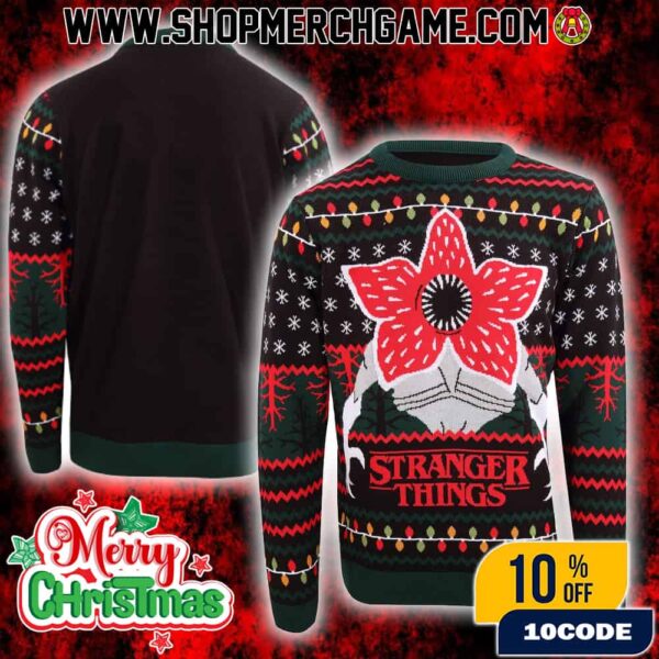 Stranger Things Demogorgon Ugly Christmas Sweater Netflix Series Holiday Knitted Pullover Flower Face Design Multicolor Fair Isle Pattern Winter Apparel Gift For TV Show Fans