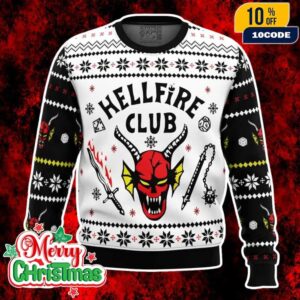 Stranger Things Hellfire Club Knit Jumper Black And White Holiday Pullover Demon Graphic Ugly Sweater