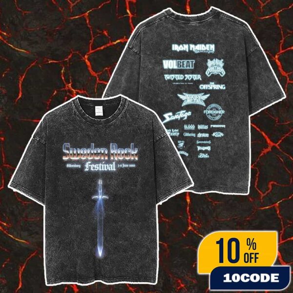 Sweden Rock Festival 2026 On June 3-6 At Norje Sweden With Line Up Backprint With Iron Maiden Headliner Merch Unisex Two Sided Washed T-Shirt