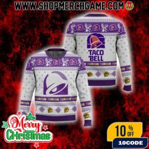 Taco Bell Ugly Christmas Sweater Fast Food Brand Logo Design Holiday Knitted Pullover Fair Isle Pattern Taco Reindeer Snowflake Winter Apparel Gift For Taco Bell Lovers