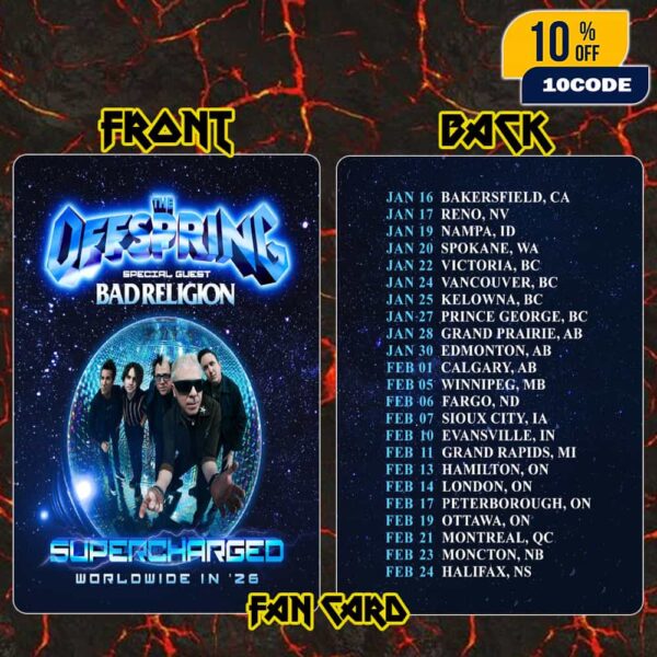 The Offspring Supercharged Worldwide In ’26 With Special Guests Bad Religion Poster Tour Dates Fan Card