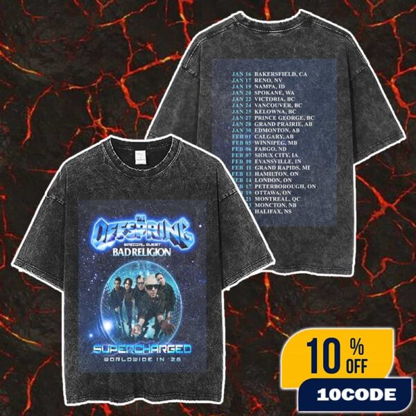 The Offspring Supercharged Worldwide In ’26 With Special Guests Bad Religion Poster Tour Dates Merch Unisex Two Sided Washed T-Shirt