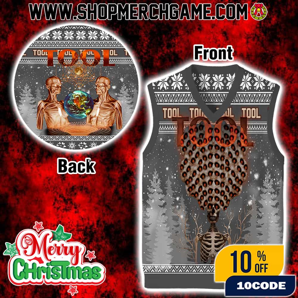 Tool Band Gile Ugly Christmas Sweater Vest With Lateralus Eye Spiral Design Skeleton Hands Nordic Pattern Holiday Knit For Progressive Metal Fans Tool Band Gile Ugly Christmas Sweater Vest With Lateralus Eye Spiral Design Skeleton Hands Nordic Pattern Holiday Knit For Progressive Metal Fans