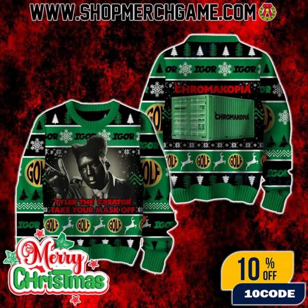 Tyler The Creator Chromakopia Take Your Mask Off Ugly Christmas Sweater Golf Wang Holiday Knit Pullover